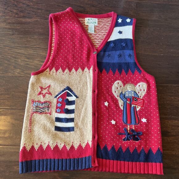 VTG Quacker Factory Patriotic Sweater Vest S Knit 90s Embroidered Red Blue EUC - Picture 1 of 7